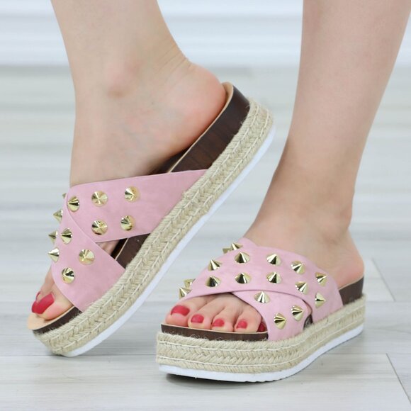 Pink Platform Sandals Nubuck Espadrille Heel Gold Metal Stud Slip On Sliders - Picture 4 of 12